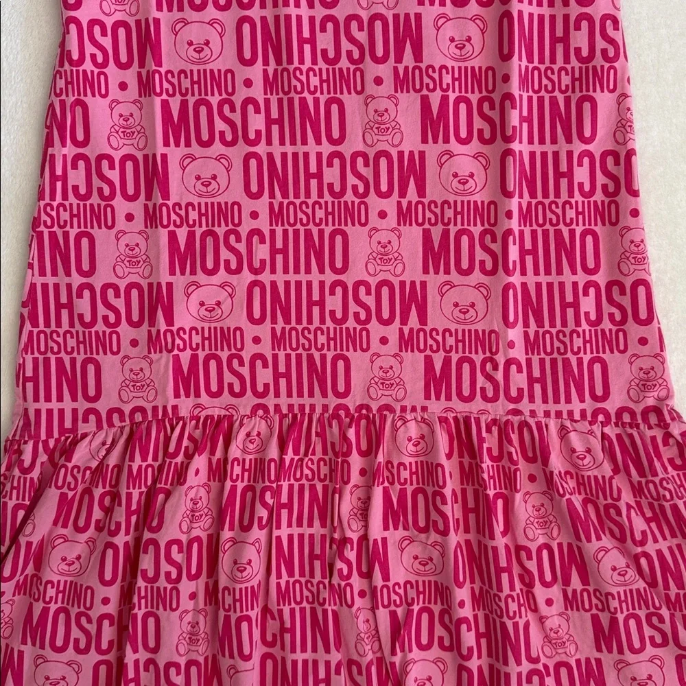 Moschino Teen | 2020 Teddy Bear Allover Logo Drop Waist High Low Dress Pink 14 - Picture 3 of 15